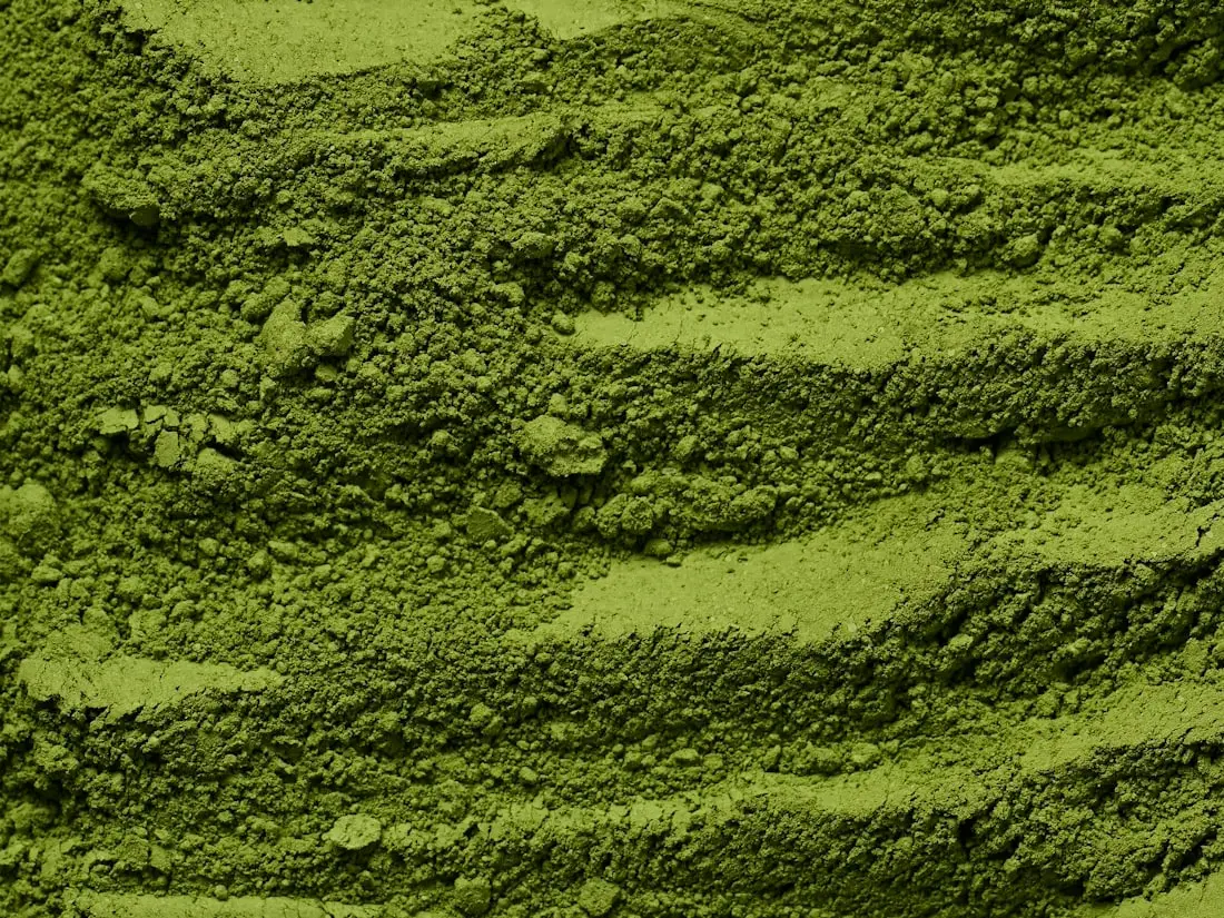Nahaufnahme von fein gemahlenem, leuchtend grünem Matcha-Pulver